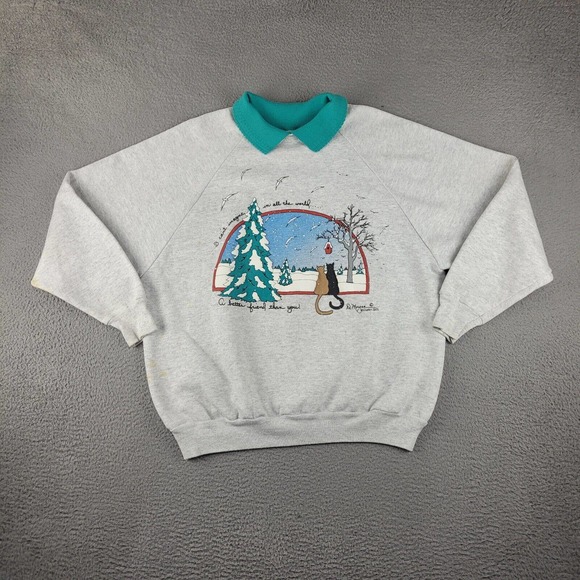 Vintage Cat Winter Sweatshirt Womens 1X Gray Collared Snowy Scenery Made USA 90s - Picture 1 of 13